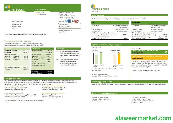 USA ScottishPower utility bill template in Word and PDF format (3 pages) 1 2